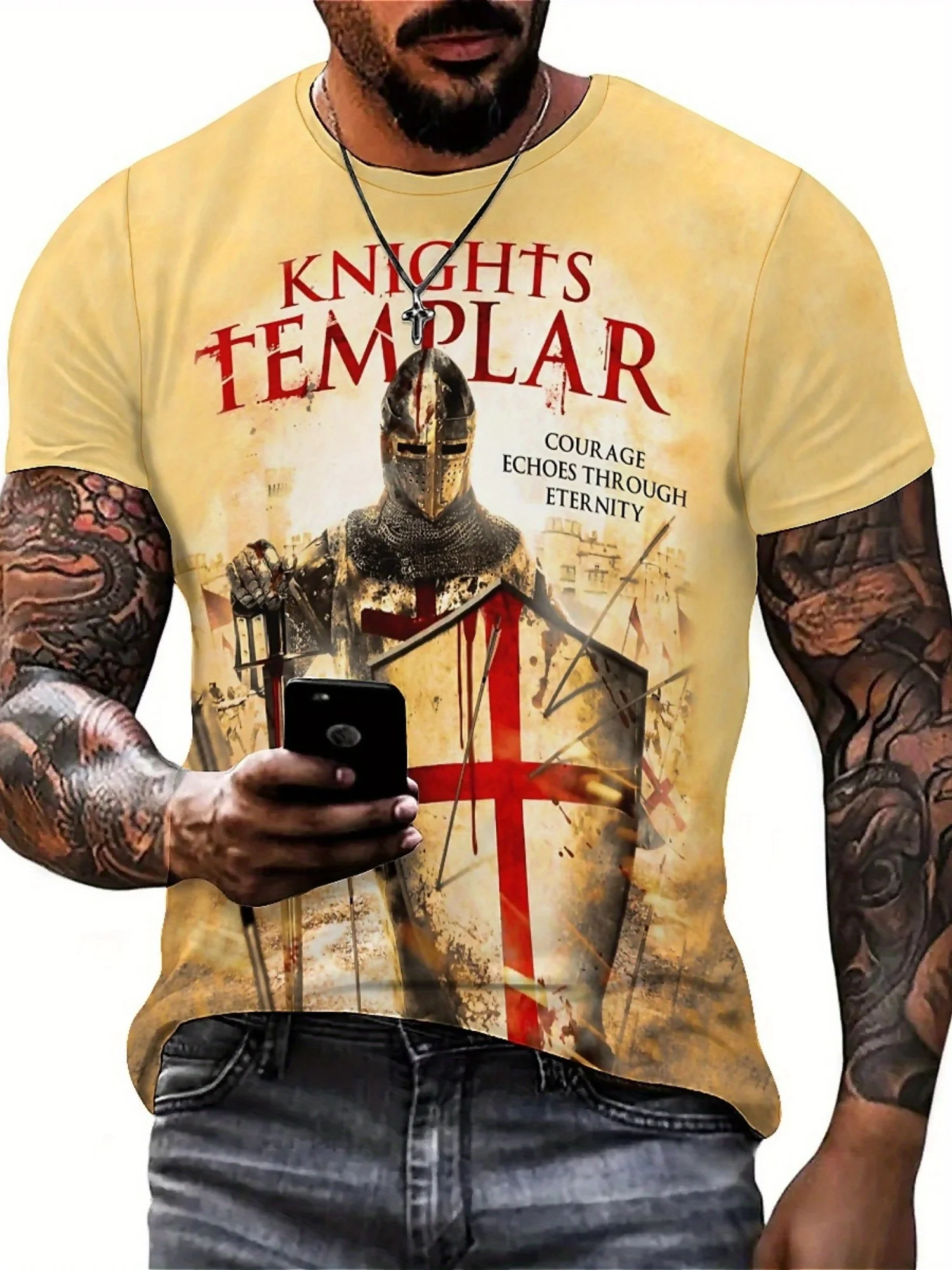 Knights Templar 3D Print Men'S T-Shirt - Soft, Comfortable Polyester Fabric, Short Sleeve, Crew Neck, Geometric Pattern,