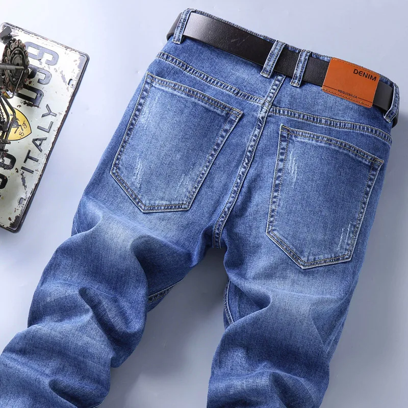 

Premium Cotton Men's Slim Straight Leg Jeans Casual Lightweight Spring Summer Long Trousers Elastic Comfortable Faionable