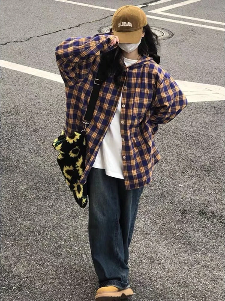 HOUZHOU Women Plaid Hooded Shirts Vintage Y2k Oversized Harajuku Long Sleeve American Style Checked Blouses Casual Streetwear