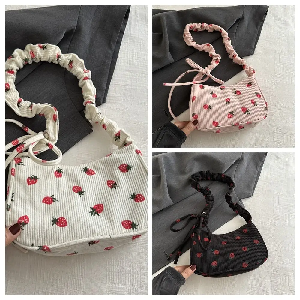Fashion Korean Style Strawberry Printing Shoulder Bag Sweet Fruit Corduroy Tote Bag Leisure All-match Handbag Daily image 5