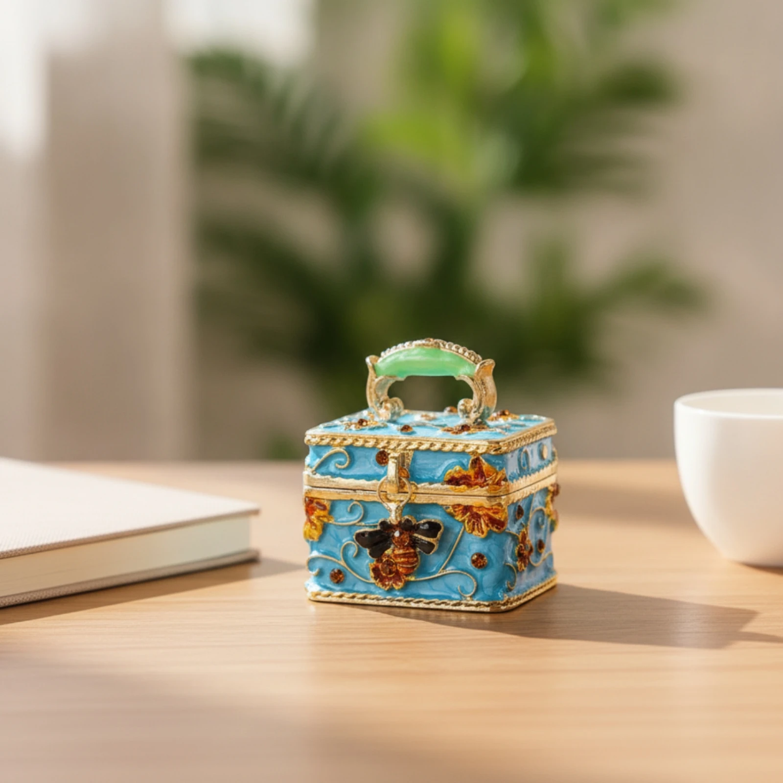 Mini Jewelry Box with Handle Portable Enamel Jewelry Box Elegant Gift for Women, Vanity, Dressing Table