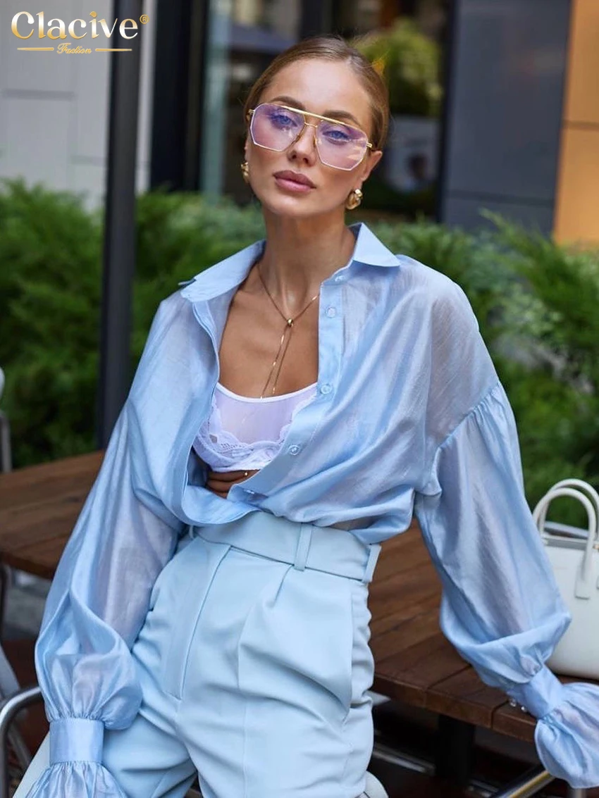 Clacive Fashion Loose White Office Women\'s Shirt Casual Lapel Lantern Sleeve Blouses Elegant Classic Top Female Clothing 2025