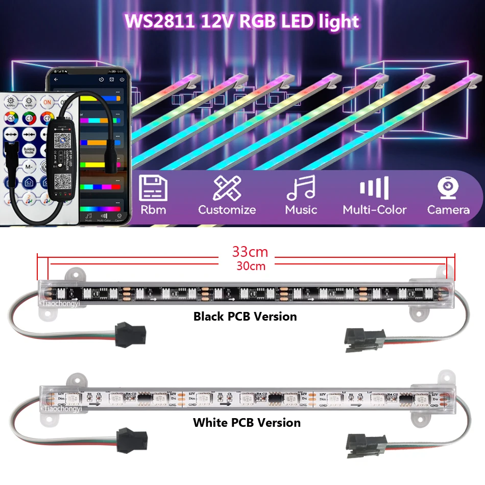 33cm DC12V WS2811 RGB LED Aluminum Rigid Bar Cabinet Light 28Keys Bluetooth-compatible Music RGB Smart Pixels Controller kit