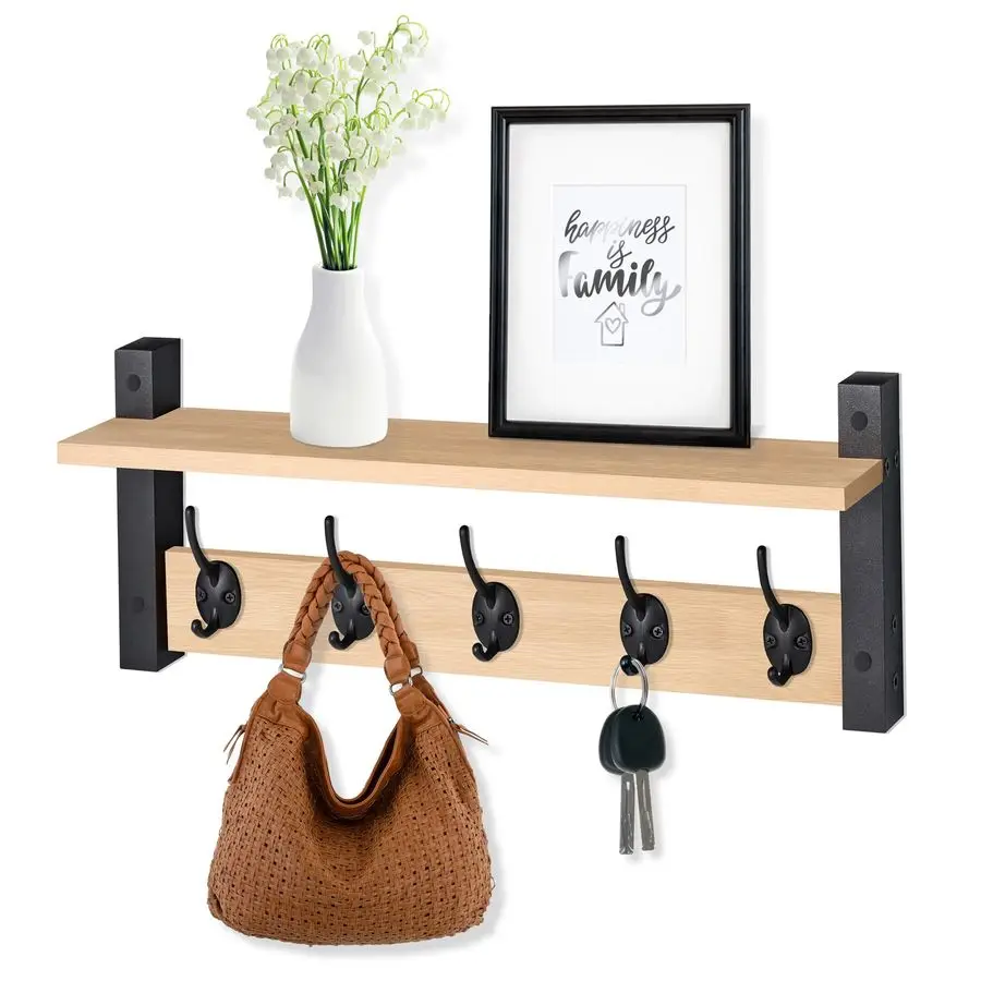 

Coat Hooks Wall Mount with Shelf 24 Inch Coat Rack Wall Mount with 5 Heavy Duty Hooks Floating Wall Shelf with Hooks for Entrywa