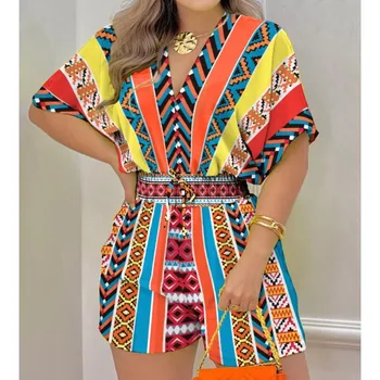 Summer New Loose Casual Printed Lace-Up Jumpsuit Women Geometric Printed Elastic Waist Short Sleeve Playsuits Woman Rompers