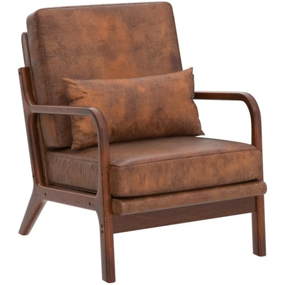 Meados do século moderno Accent Chair Set, sala confortável, cadeira de madeira maciça braço com madeira travesseiro, decorativo salão de couro marrom, conjunto de 2