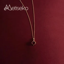 Metiseko 925 Sterling Silver Ruby Color Cubic Zirconia Pendant  Choker Necklace Shiny Luxury Garnet Red Necklace for Women Party