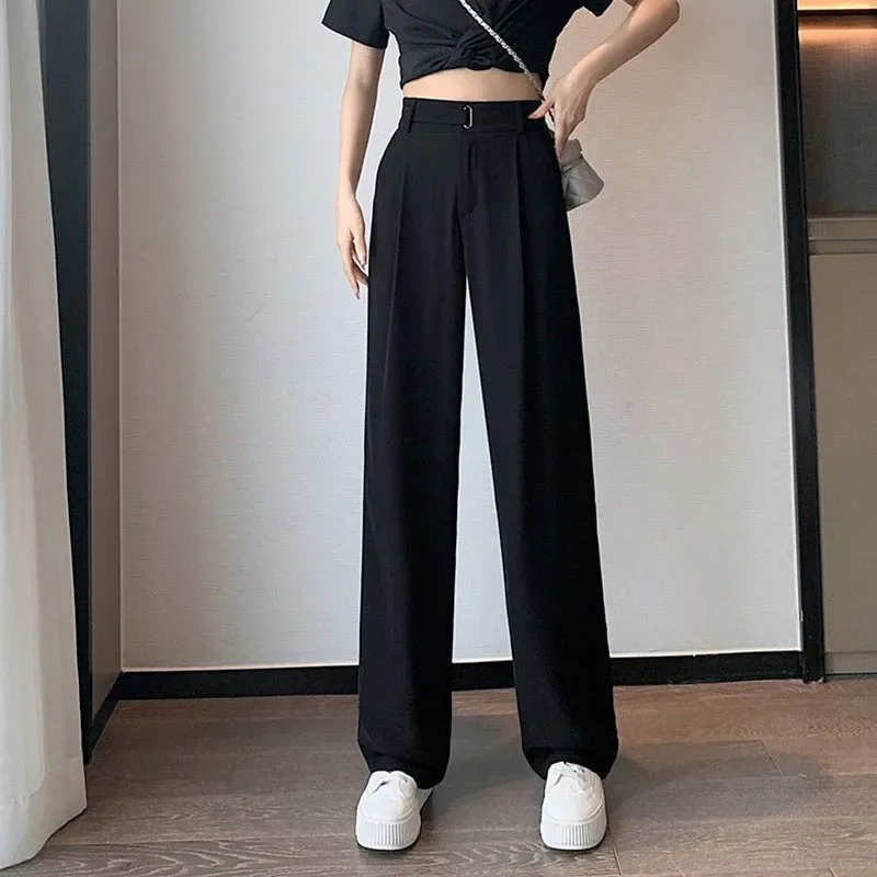 夏の新しい女性スーツパンツハイウエスト固体ルーズカジュアルワイドレッグレディースズボン Y2K シックなオフィスレディースストレートパンツ