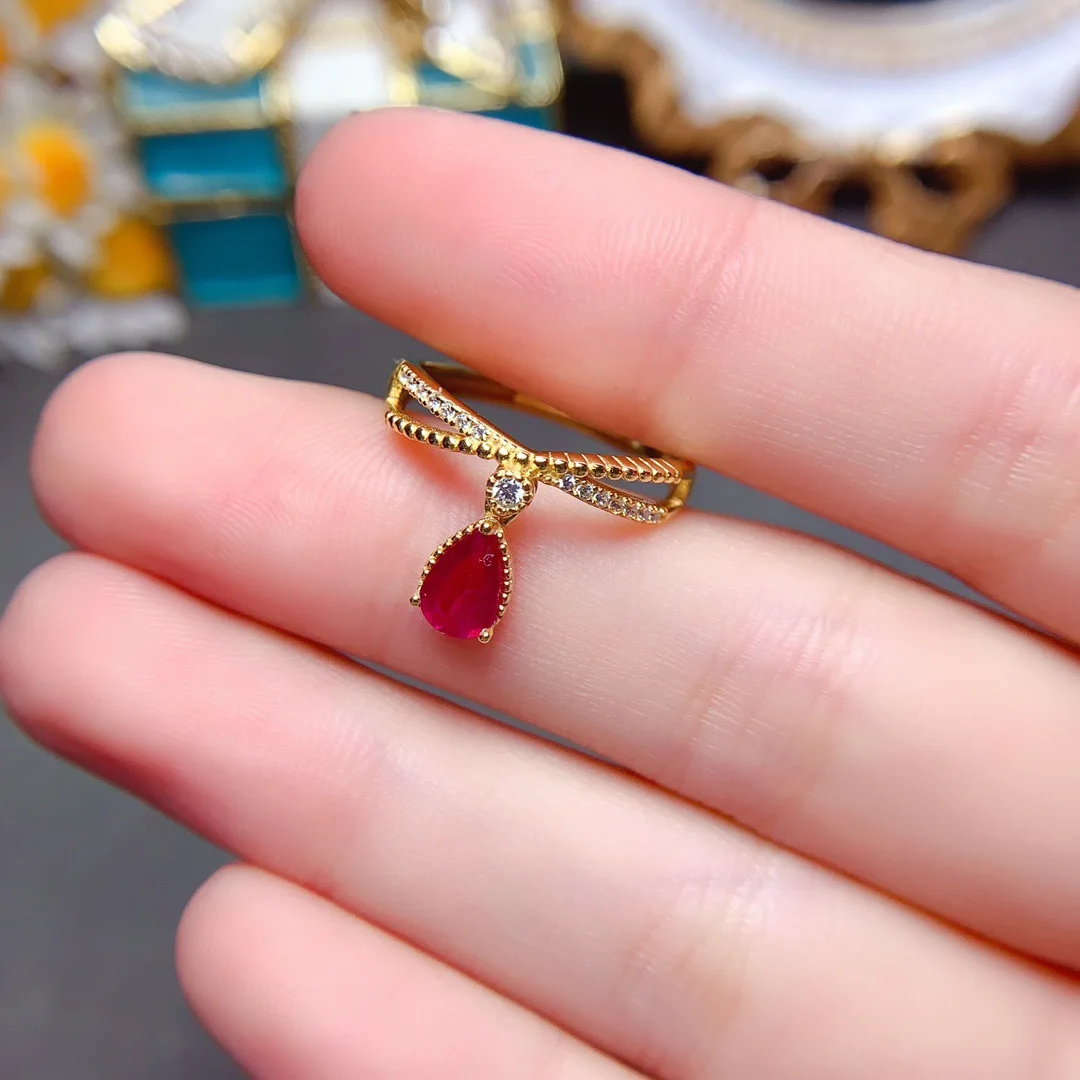 

Natural Ruby Ring S925 Sterling Silver Women's Ring Teardrop Red Gemstone Dynamic Style Party Gift