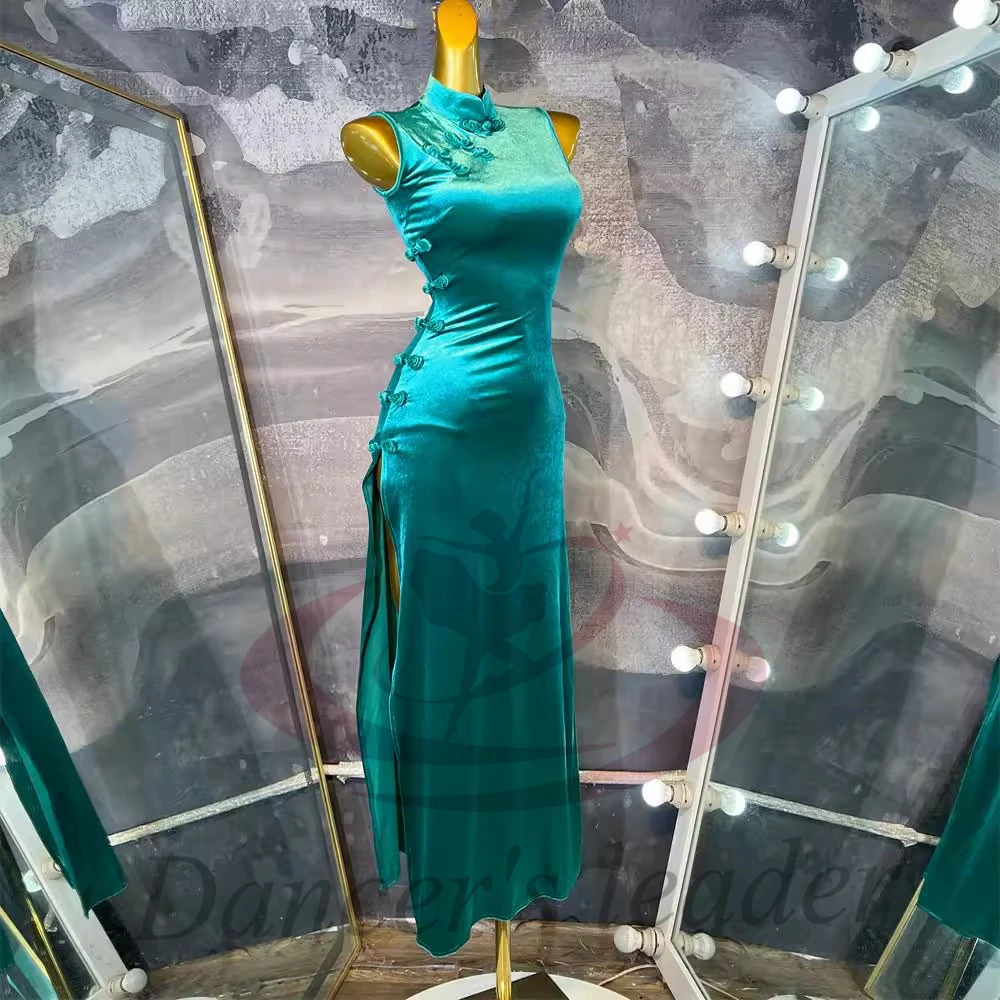Dança latina adulto crianças vestido high-end personalizado longo veludo cheongsam fenda precisamente tango roupas femininas