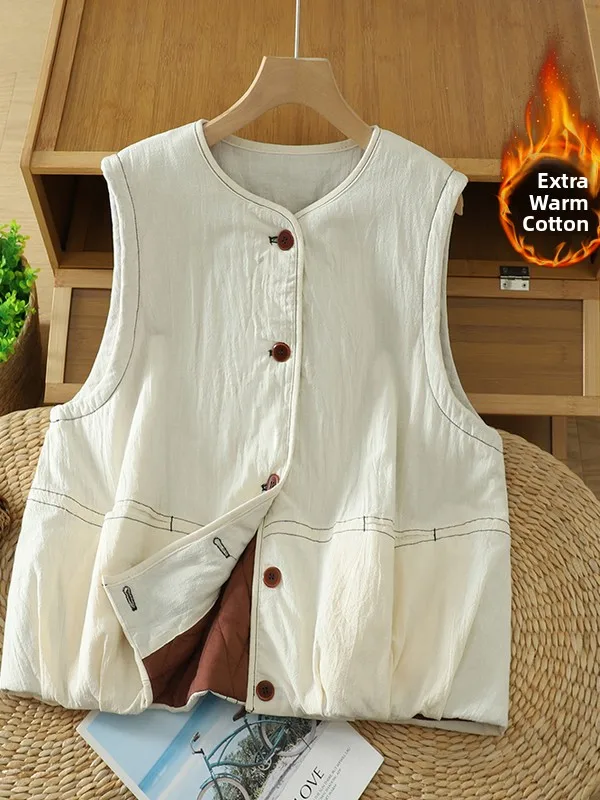 

Loose Fit Cotton Vest Large Size Casual Outerwear Layering Item Stereoscopic Decoration round Ne Single Button Closure
