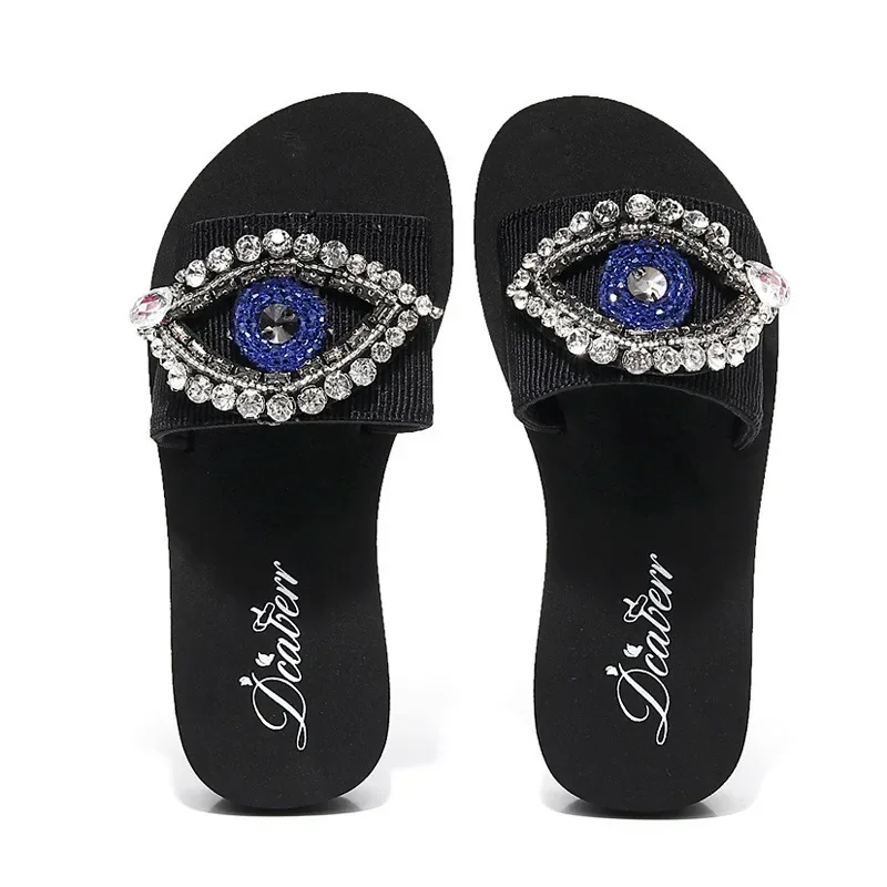 Nuove pantofole da donna strass di lusso Blue Evil Eyes pantofole piattaforma di moda 3cm/6cm pantofole con zeppa zoccoli diapositive donna