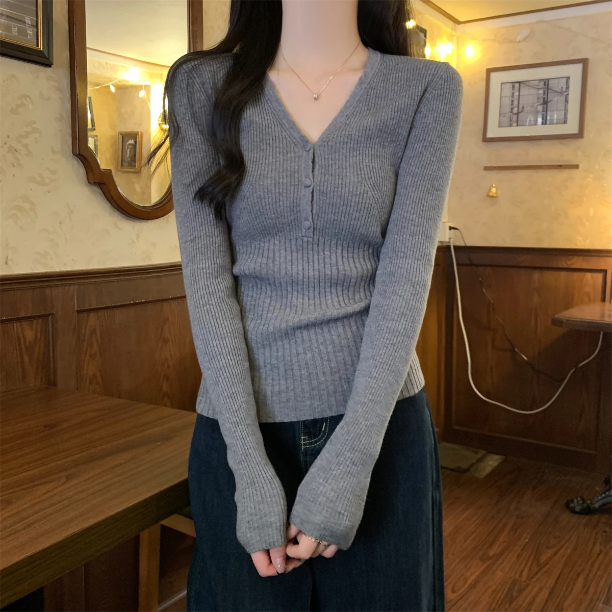 Women's V-neck Long Sleeve Knitted Vest Slim Fit Base Layer Top Fashionable Commute Sle Autumn Winter Light Beige Shirt