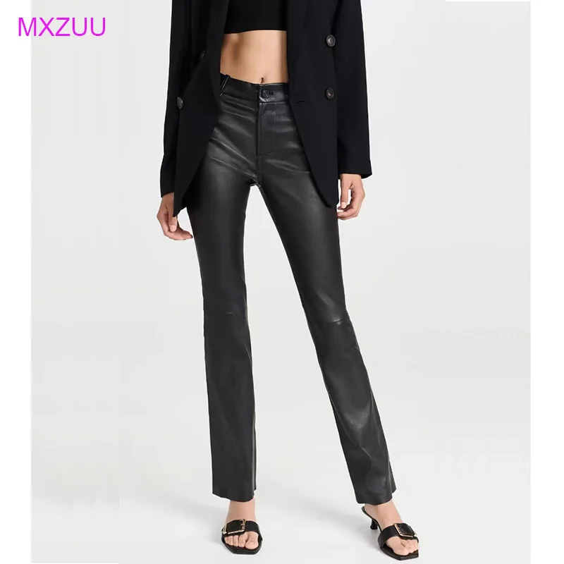 Imported High Stretch Sheepskin Leather Pants Women Umber Brown High Waist Slim Straight Leg Trousers Spring Fall Commute Pants