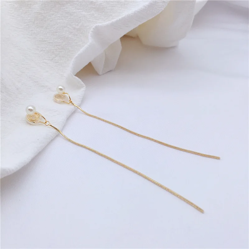 Simple Fashion Gold Color Long Tassel Pearl Clip on Earrings Without Pierced Women\'s Party Birthday Cuff Mosquito Coil Ear Clip