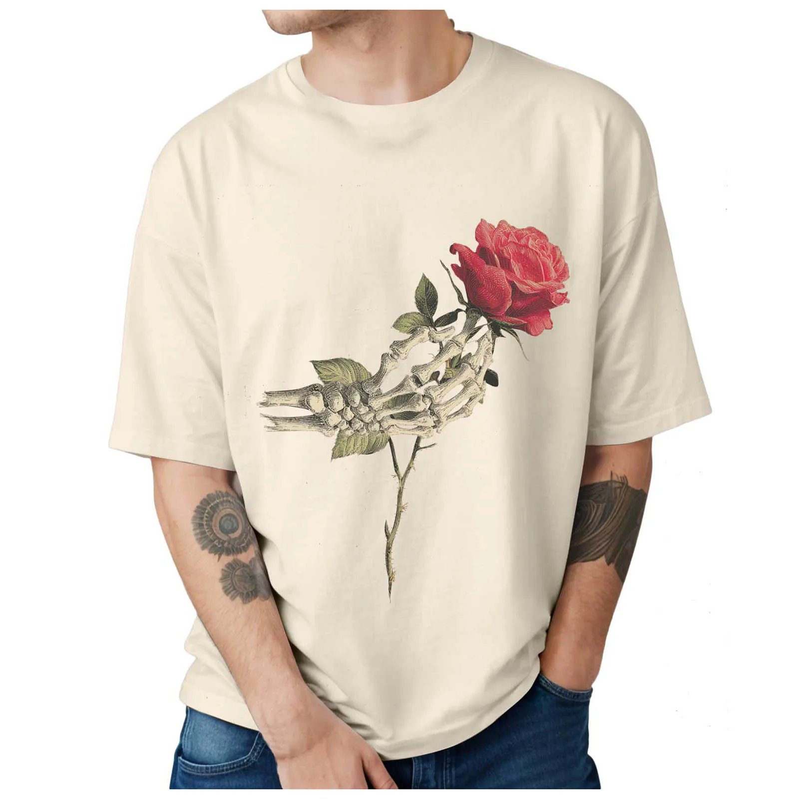 تي شيرت رجالي هالوين الهيكل العظمي اليد الوردي كم قصير قطرة الكتف الجولة الرقبة تي شيرت حجم كبير بلايز حمالة #4