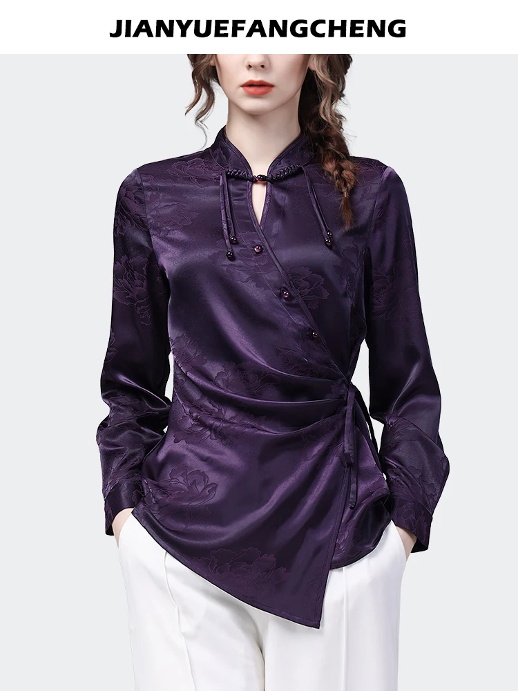 Vintage Women Purple Jacquard Satin Blouse Long Sleeve Stand Collar Spring Summer Tops Fashion Slimming Irregular Lace-up Shirt