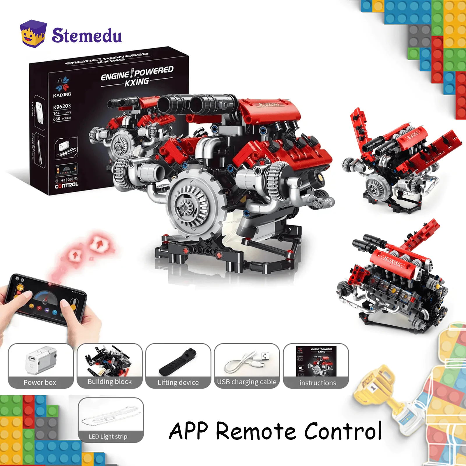 

660 шт. строительные блоки V8, модель двигателя, моторизованные технические детали автомобиля, приложение, дистанционное управление, сборные игрушки, детский подарок со светодиодной подсветкой