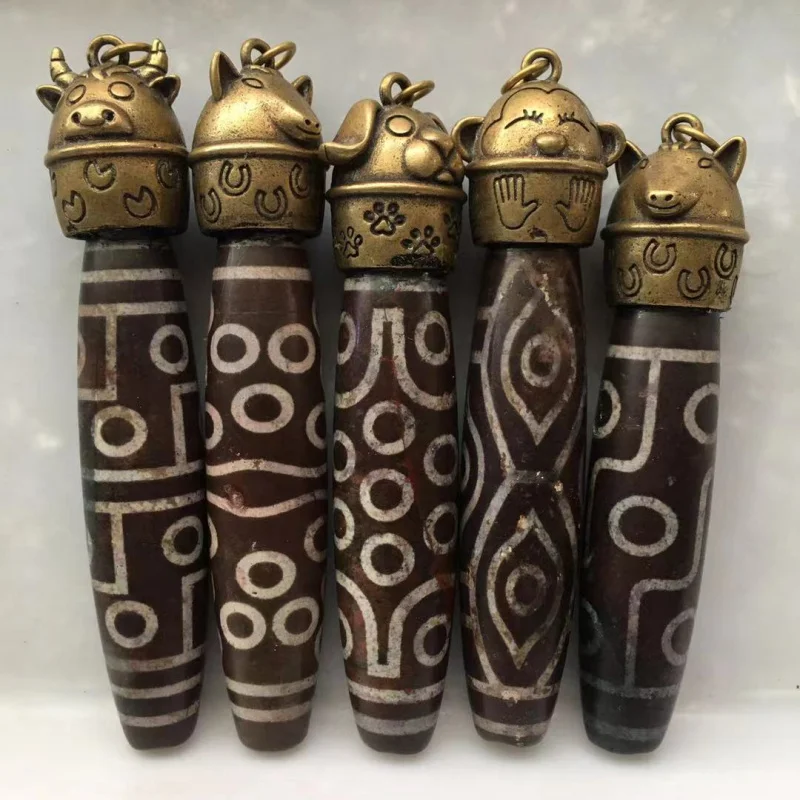Inlaid Dzi bead pendant with weathered patterns high oil patina, suitable both men and women