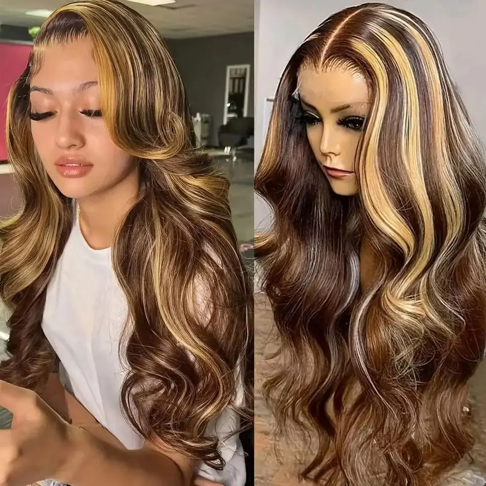 427 Выделите парик из человеческих волос 13x6 Объемная волна Hd Кружевной фронтальный парик Предварительно выщипанный Ombre Медовый Блондин Коричневый Цветной парик 100% человеческие волосы