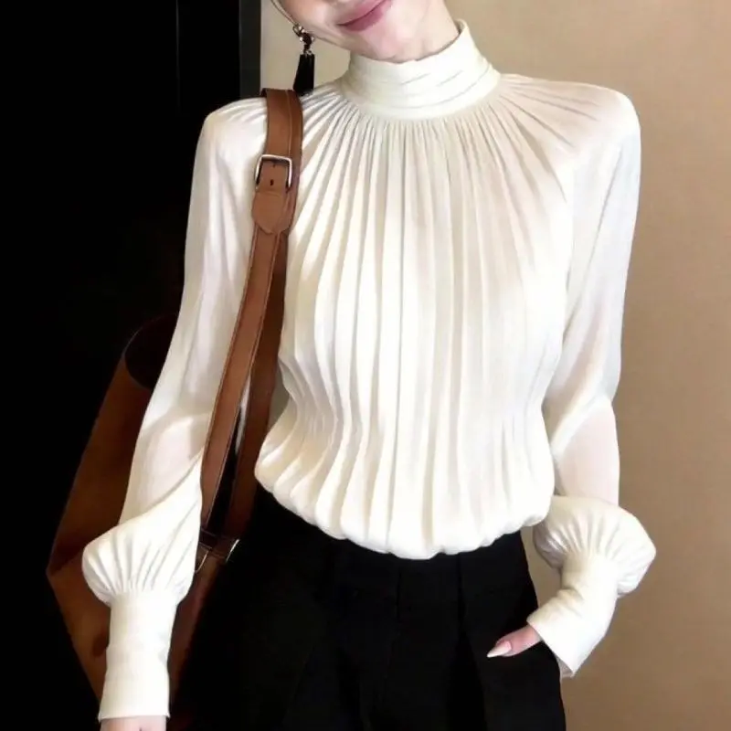 

Light luxury white turtleneck pleated shirt 2026 spring new long-sleeved fashion commuting thin high-end top