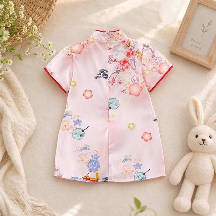 Chinese Style Children Cheongsam Newborn Soft Thin Peach Blossom And Lotus Dress Lovely Baby Girls Dresses Toddler Kid Costume