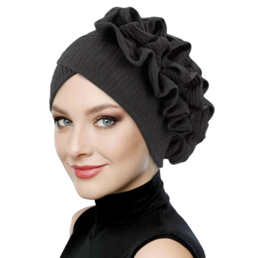 Elegant Elastic Flower Turban Hat Women Ruffle Flower Edge Pre Tied Bonnet Ramadan Chemo Cap For Wedding