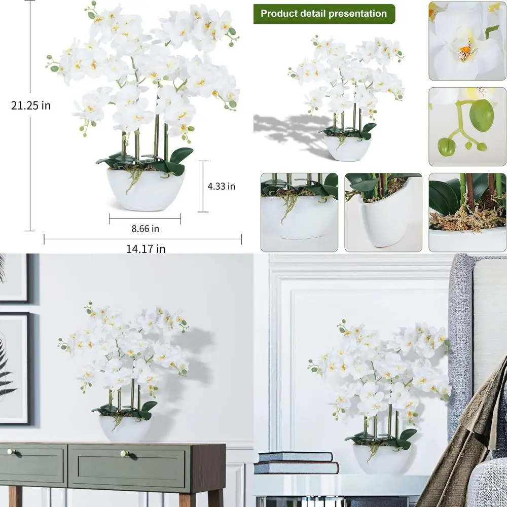 

Artificial Orchid Flowers & Plants Potted in Ceramic Pot, White Faux Phalaenopsis Orchids for Table Centerpiece, Realistic Fake