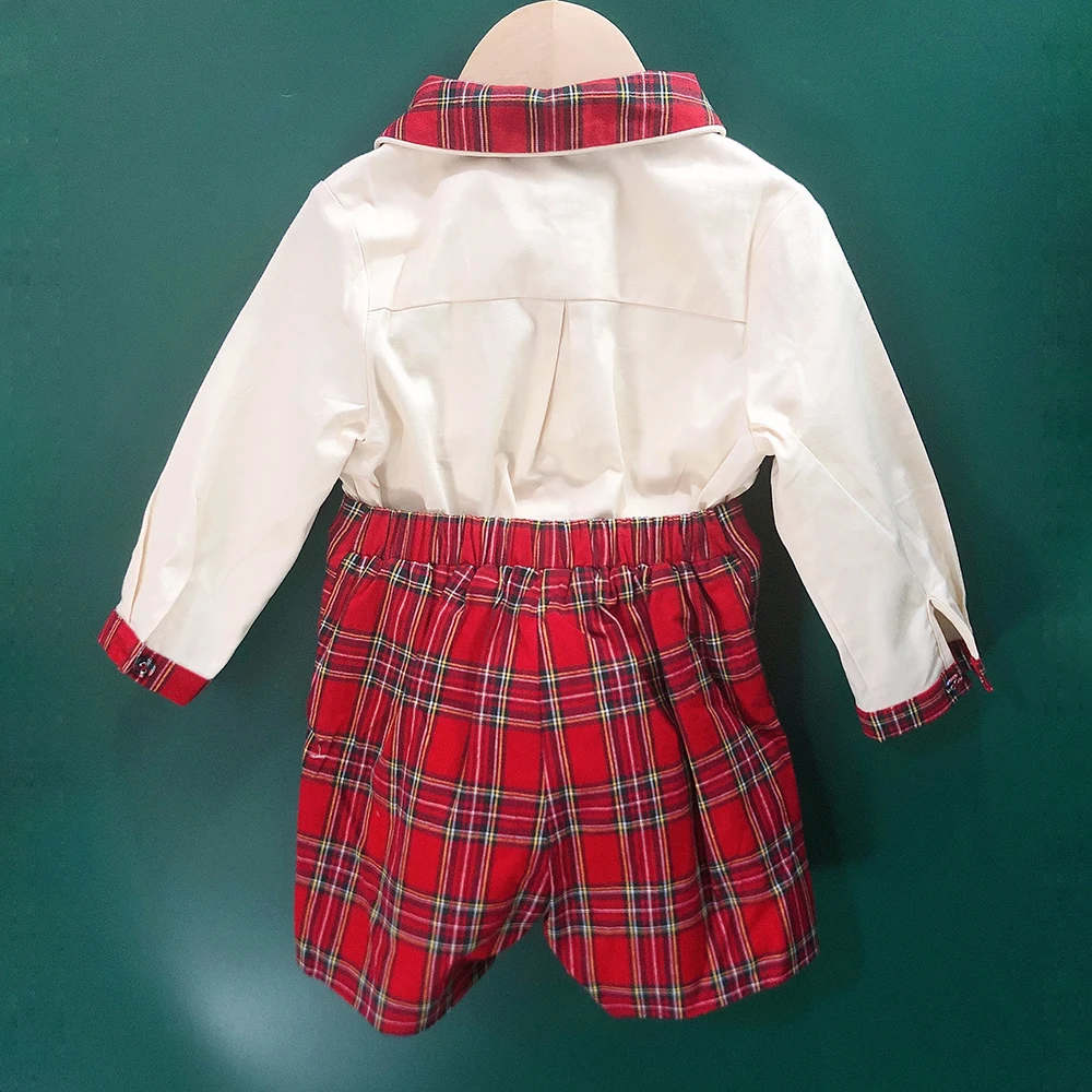 Children Christmas Clothing Boys and Girls Handmade Smocking Set and Dress Siblings Red Plaid Cotton Long Sleeve Holiday Outfits