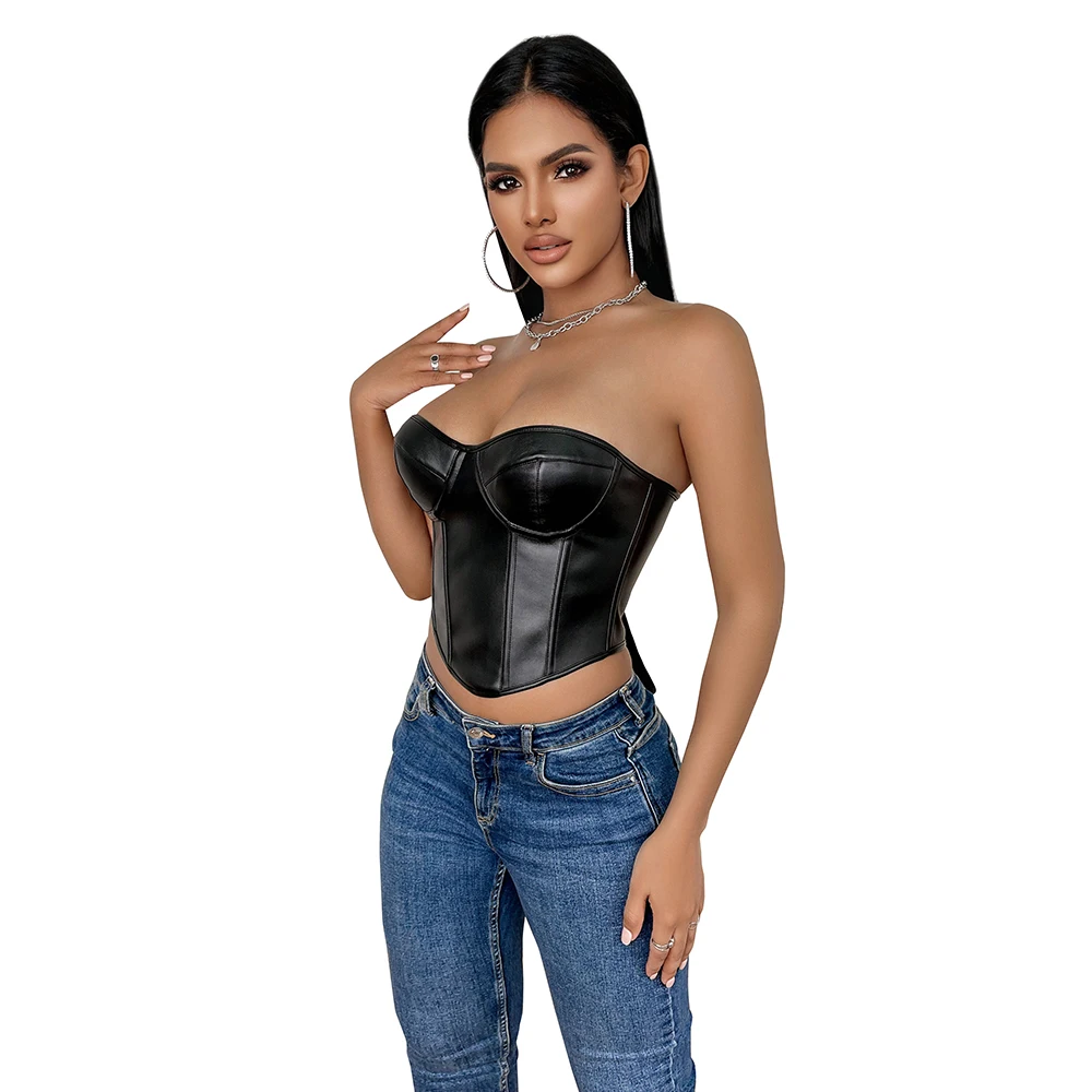 Solid Black Strapless Padded Bra Shapewear Underwear Women\'s Intimate Clothing Genuine Leather Bustier Crop Top