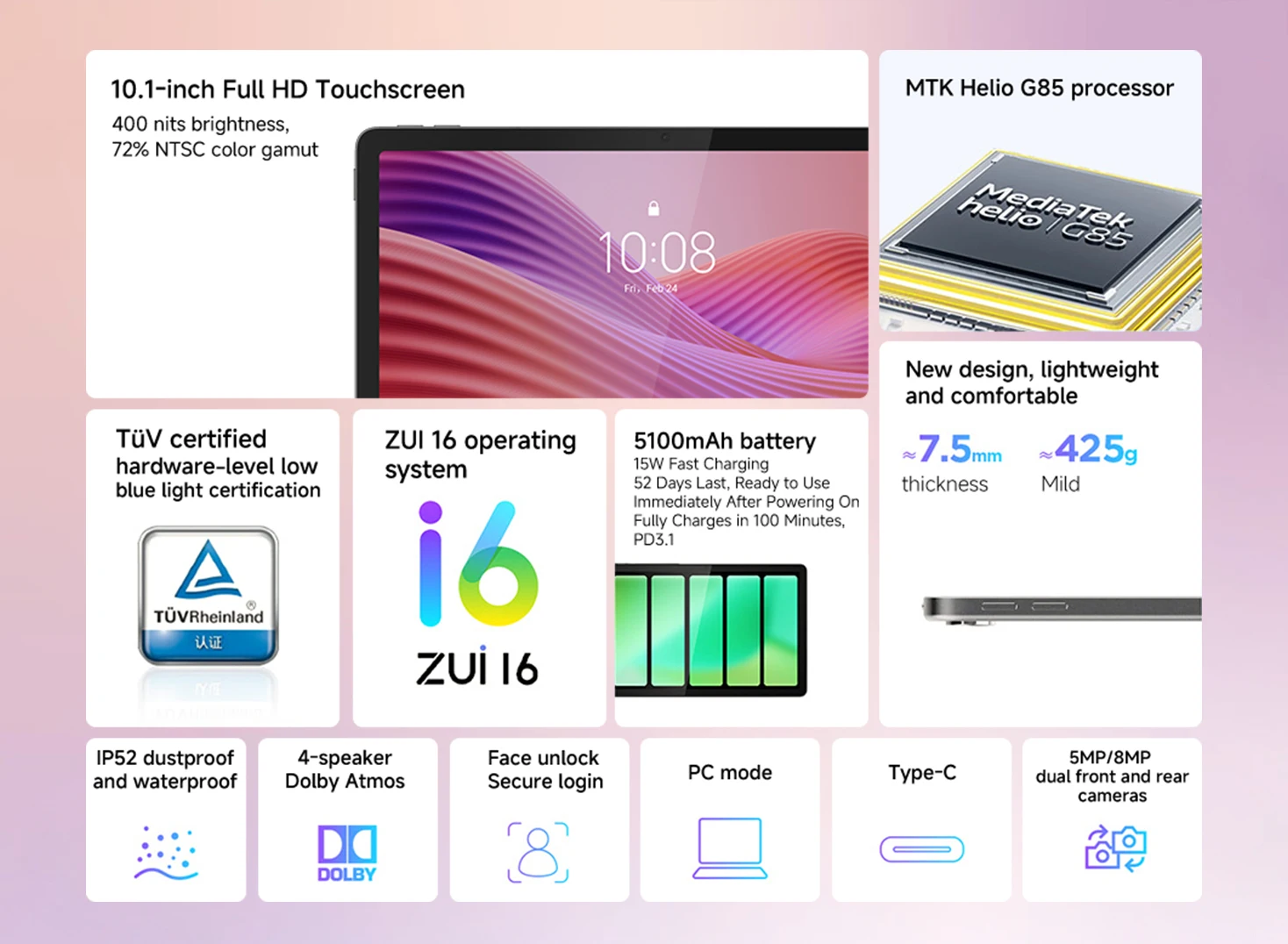 Global ROM Lenovo Tab M10 K10C 10.1” Display 1920x1200 L1 MediaTek Helio G85 128GB 5100mAh For Kids/Student Android Tablet 2025