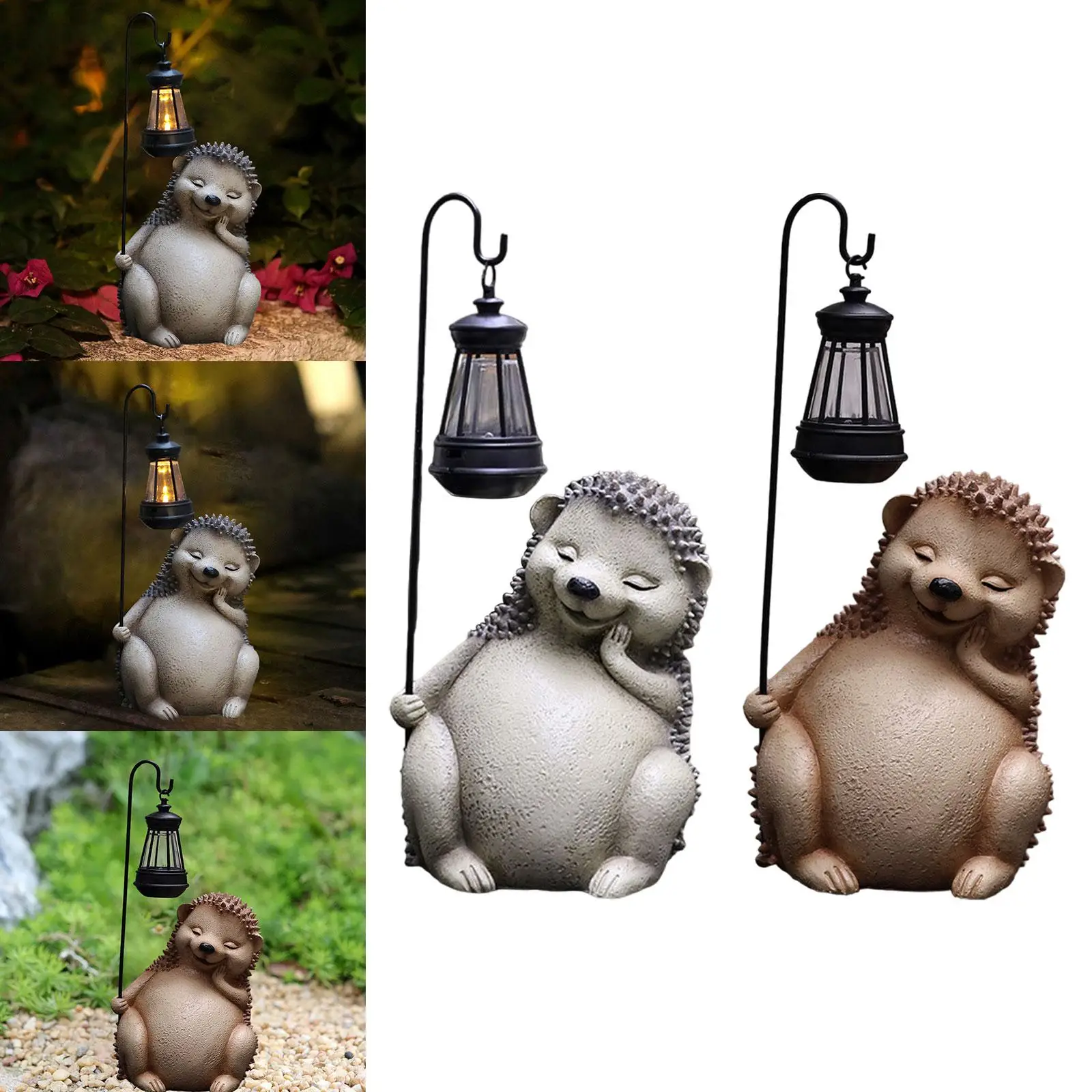 Hedgehog Figurine with Lantern Patio Balcony Garden Statue with Solar Light