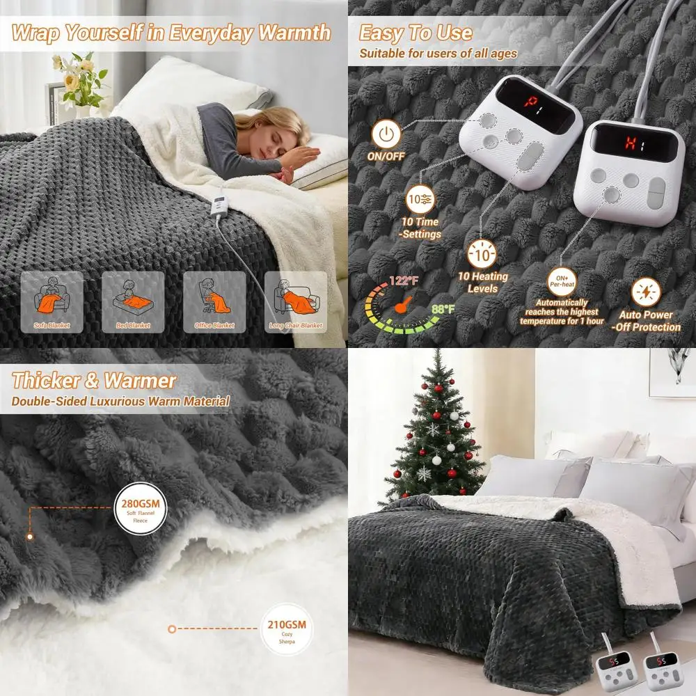 

Электрическое одеяло размера Queen (84x90), с двойным управлением, 10 режимов нагрева, автоматическое отключение через 10 часов, мягкое флисовое, моющееся, серое
