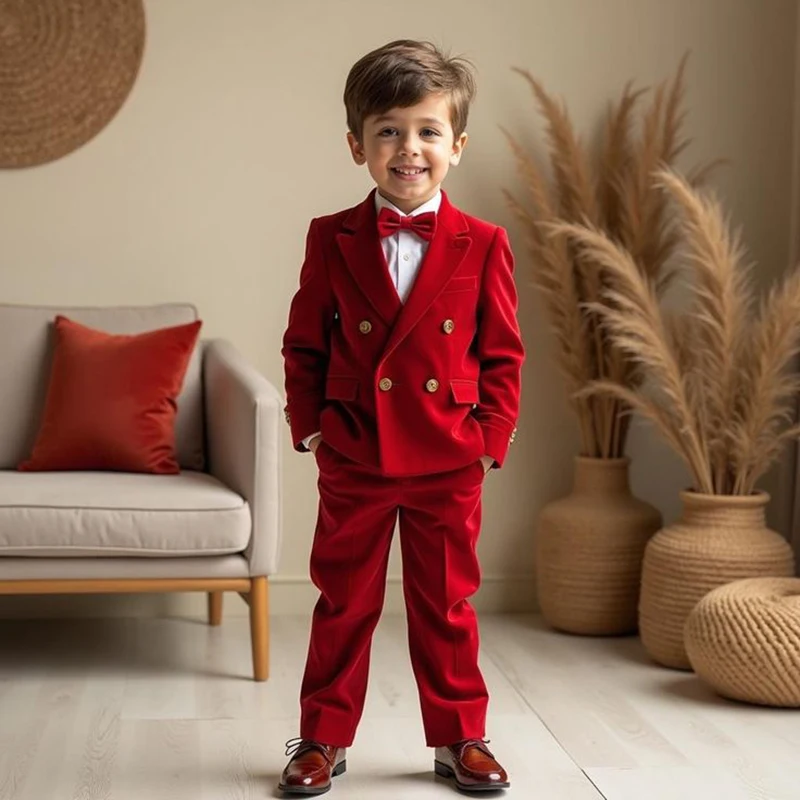 

Luxury Red Velvet Boy's Clothing Elegant Double Breasted Peak Lapel Wedding Suits Customzied Children's 2 Piece Jacket Pants Set