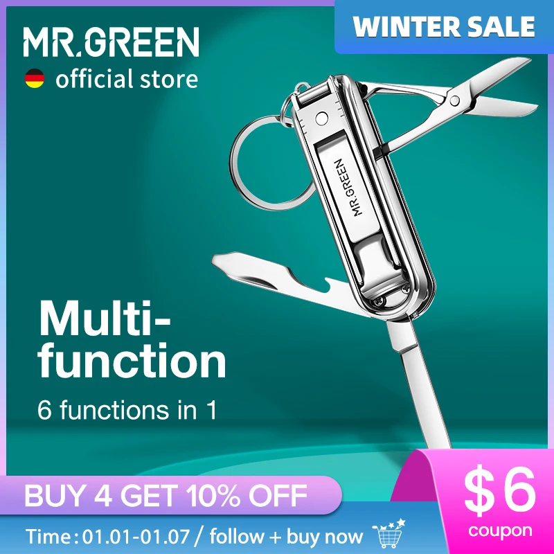 MR.GREEN Multifunctional Nail Clipper Stainless Steel Six Functions Nail Files Bottle Opener Small Knife Scissors Nail Cutter