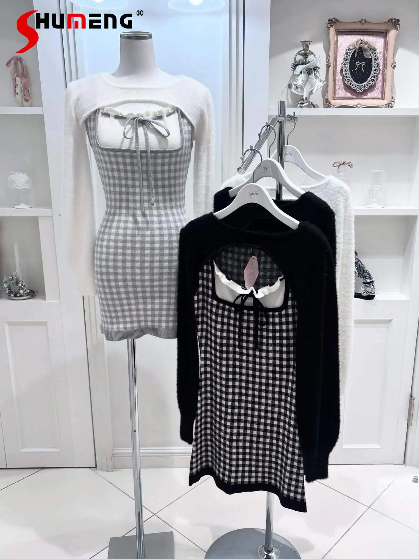 

2026 Spring Elegant Sweet Round Neck Long Sleeve Top Lace-up Bow Slim Fit Plaid Sleeveless Dress Knitted Two-Piece Set for Women