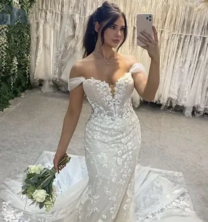 

Customized Lace applique Mermaid Wedding Dresses Women Off The Shoulder Bridal Gown Sweep Train Vestidos De2025