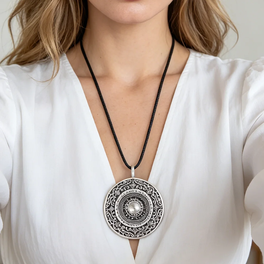 Vintage Engraved Mandala Round Pendant Necklace, Two Color Black Braided Rope Long Cord Tribal Necklace