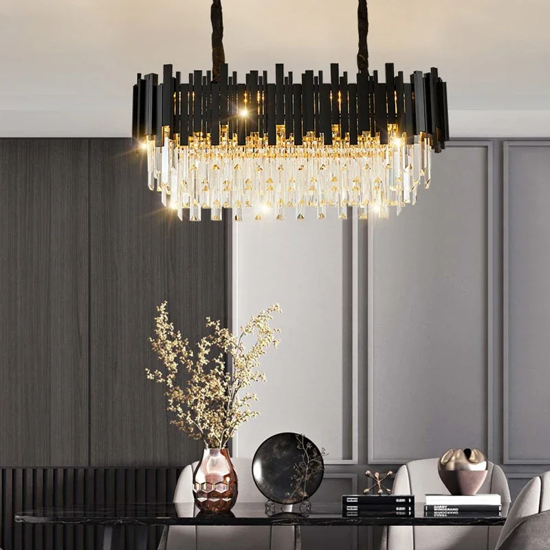 Imagem -04 - Modern Crystal Chandelier For Living Room Led Pendant Light Oval Long Sala de Jantar Hotel Hall Decor Preto Quarto