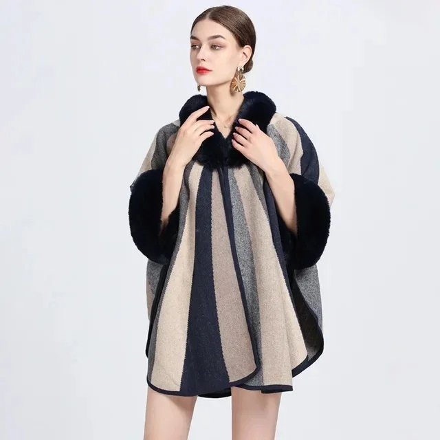 Autumn Winter New Imitation Otter Rabbit Fur Collar Jacquard Cape Large Knitted Ponchos Women Capes Gray Cloak