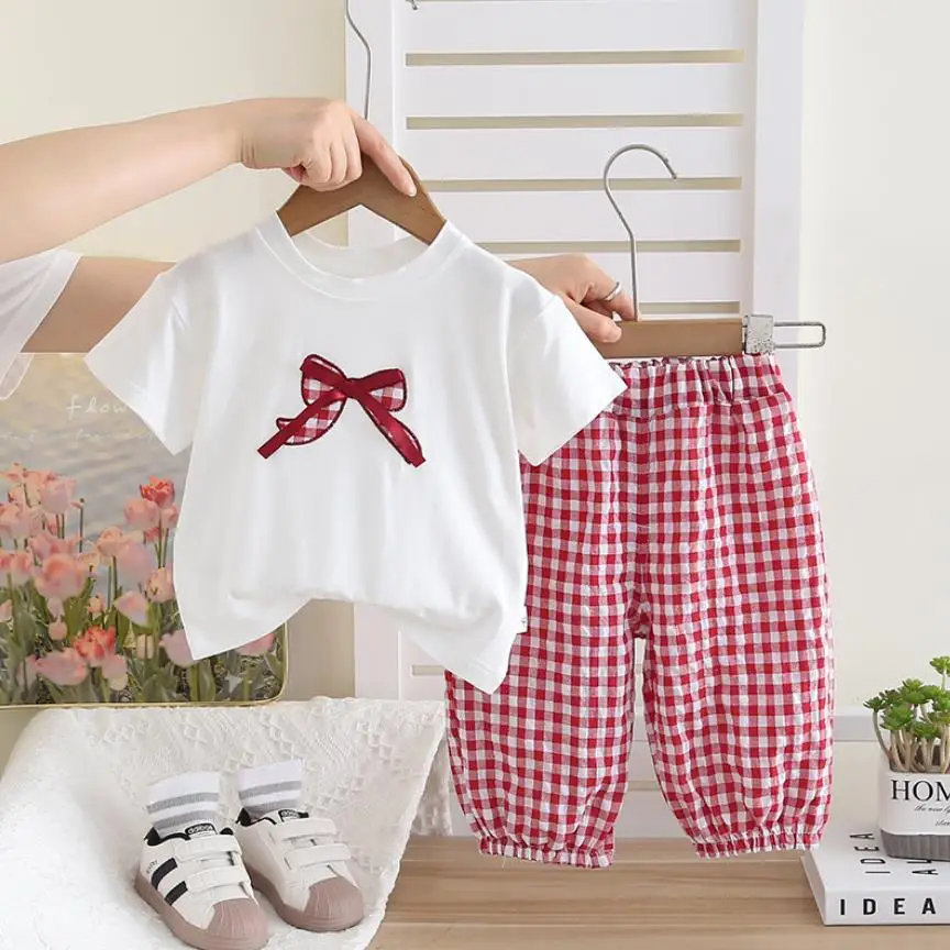 

Baby Girls Clothes Sets 6 To 12 Months Summer Kids Bowtie O-neck Short Sleeve T-shirts +Plaid Pants Two Piece Boutique Outfits