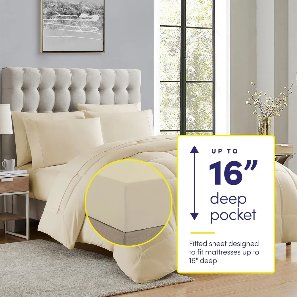 RV Short Queen Comforter Set, 4 Pillowcases, Fitted & Flat Sheet, Beige Camper Bedding