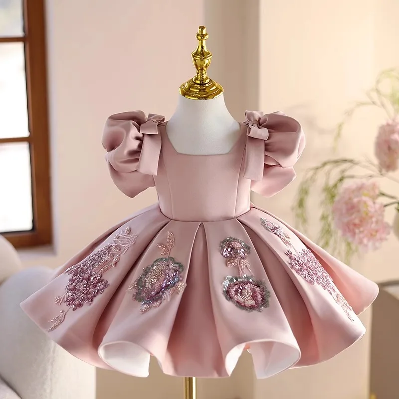 

Girls Princess Dress Pink New Flower Girl Wedding Party Gown Summer Children Square Neck Dresses Prom Birthday Gowns Customized