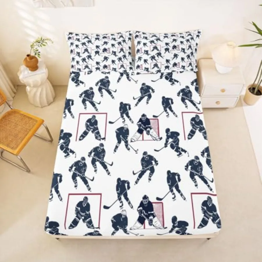 

Ice Hockey Bed Sheet Set Sports Event Bedding Set Hockey Player Fitted Sheet for Boys Bedroom Decor Soft Winter Sports Hockey P