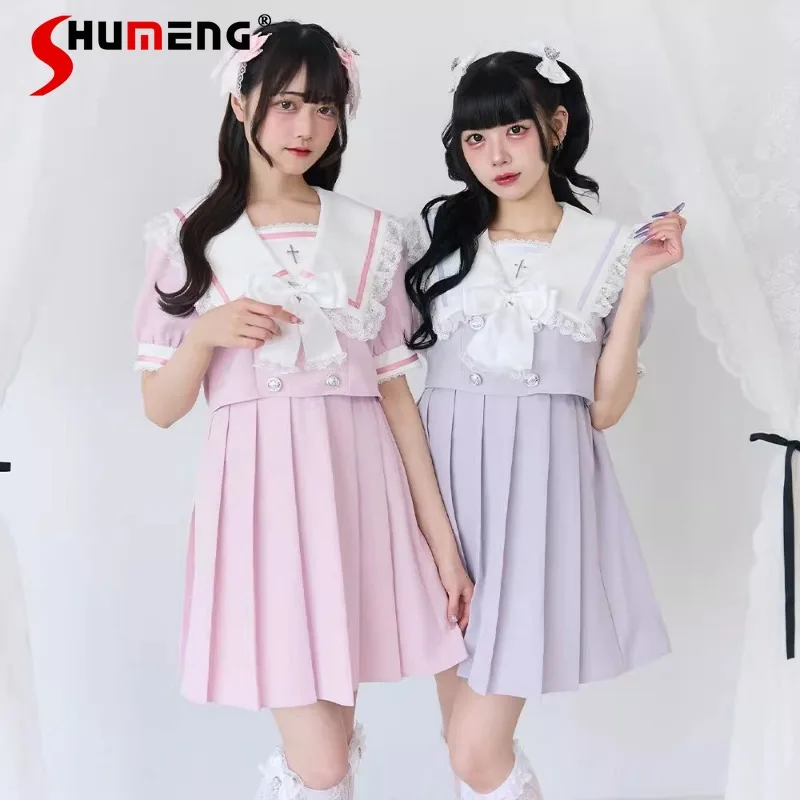 

Summer New Rojita Vestidos Heavy Industry Japanese Style Dress Bow Wooden Ear Sailor Collar Lace Stitching Lolita Dresses Female