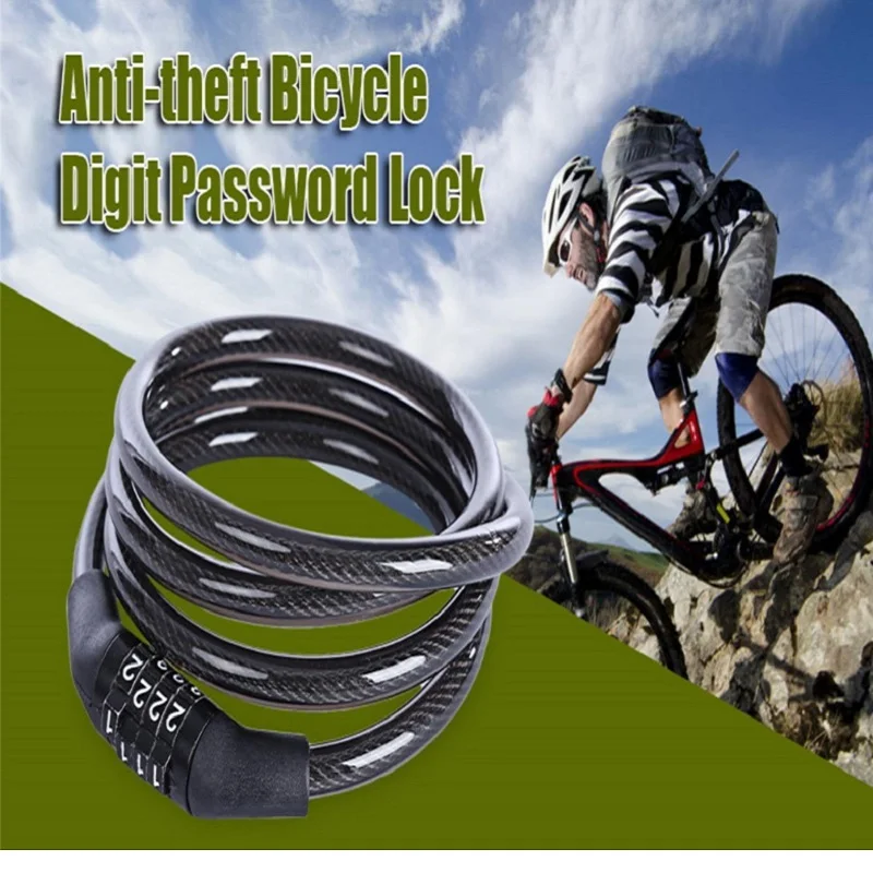 Aço inoxidável Anti-Theft Bike Lock, 4 Digit Código Combinação, Cabo, Bicicleta Segurança, Equipamentos MTB