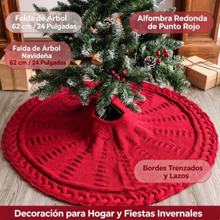 Jupe de sapin de Noël tricotée, 62 cm / 24 pouces, jupe ronde rouge avec bordures tressées et liens, décoration festive pour la maison et les célébrations hivernales.