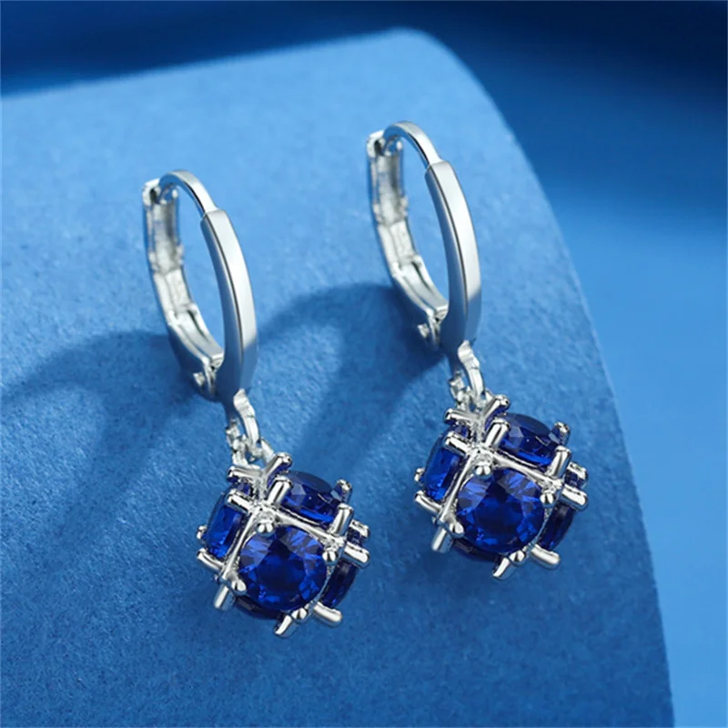 Female Small Round Ball Pendant Earring Royal Blue Stone Zircon Hoop Earrings For Women Classic Silver Color Wedding Ear Jewelry