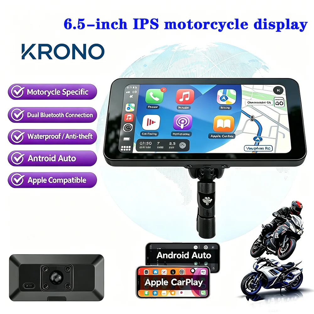 6.5 Inch Motorcycle Portable Smart Display IP67 Waterproof Wireless CarPlay Android Auto Universal Bluetooth Voice Control