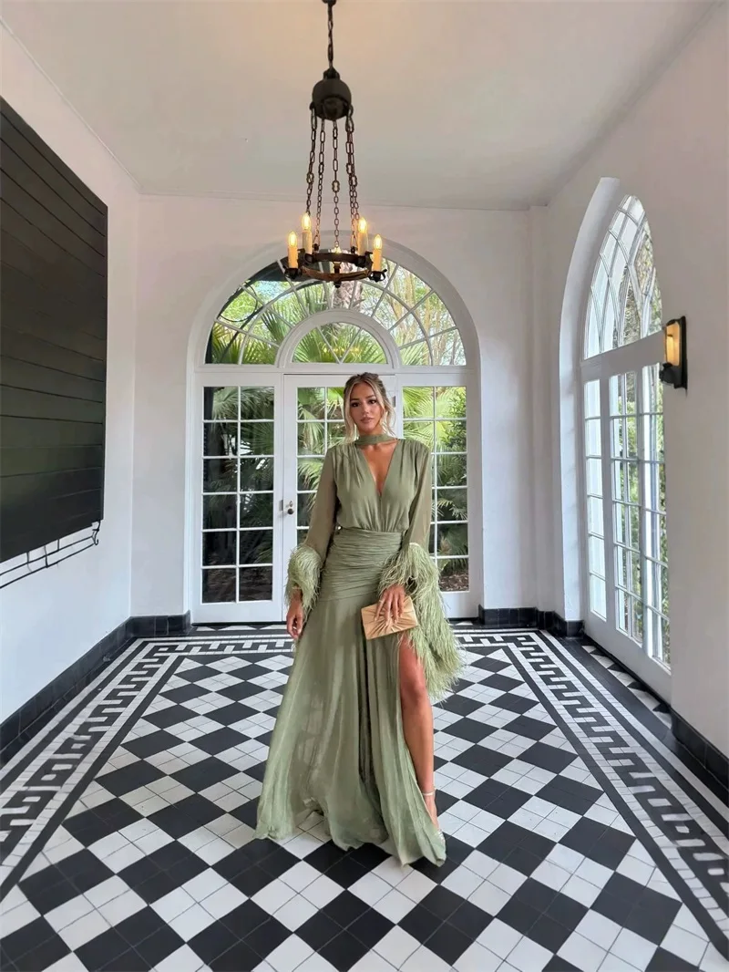 Fall Green Prom Dress V Neck Long Sleeve Feather Trim Chiffon Party Gown Ruched High Slit Floor Length Evening Wedding Robe